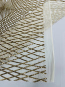2 Way Stretch Diamond Fabric - Light Gold on Ivory - Geometric Diamond Design on Mesh By The Yard
