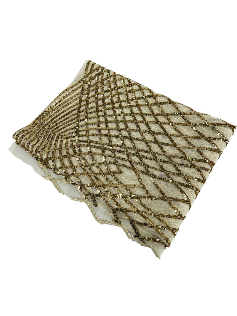 2 Way Stretch Diamond Fabric - Light Gold on Ivory - Geometric Diamond Design on Mesh By The Yard
