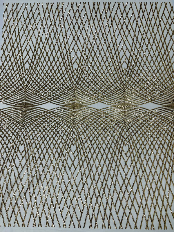 2 Way Stretch Diamond Fabric - Light Gold on Ivory - Geometric Diamond Design on Mesh By The Yard