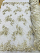 3D Flowers and Rhinestone - Light Silver - Elegant Realistic Flowers Embroidered On Lace Fabric By Yard