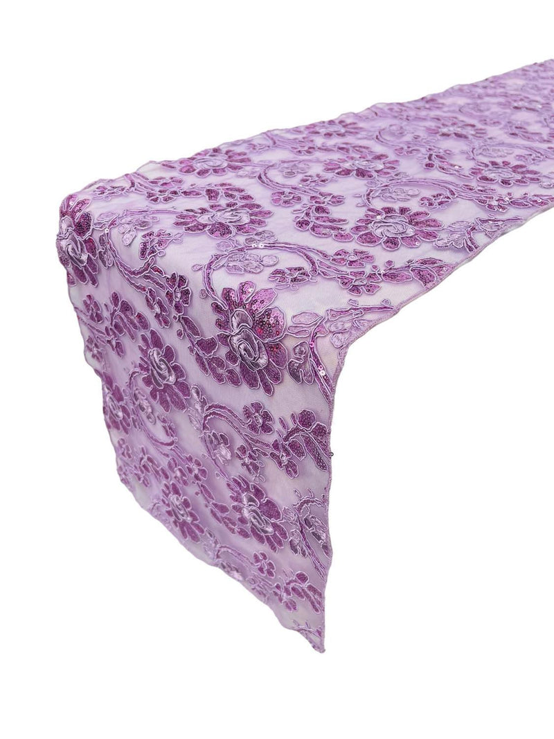 Floral Lace Sequins Table Runner - Lilac - 12" x 90" Floral Lace Table Runner