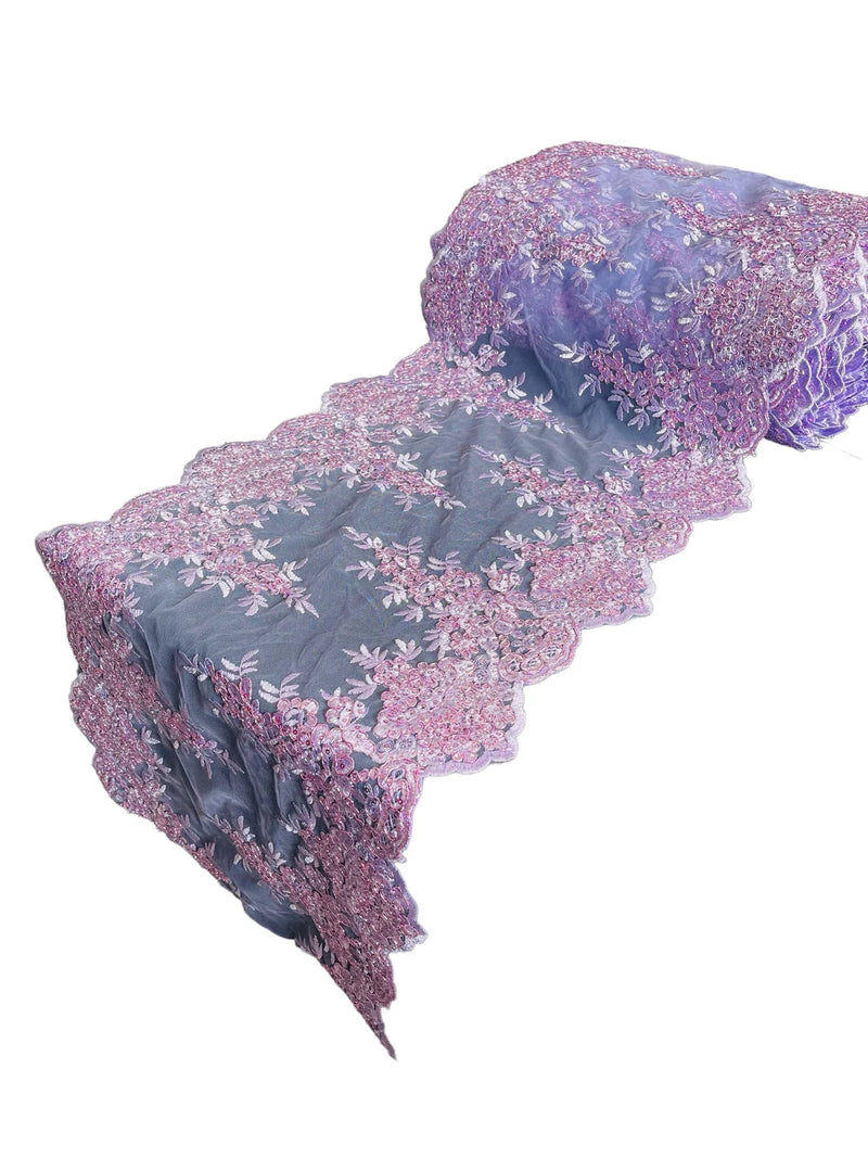 14" Metallic Flower Lace Table Runner - Lilac - Floral Runner for Event Decor Sold By The Yard