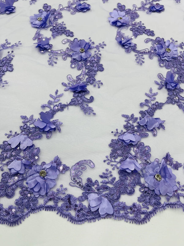 3D Lace Flower Fabric - Lilac - Embroidered Sequins and 3D Floral Patterns on Lace By Yard