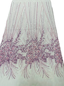 Beaded Floral Line Fabric - Lilac - Beaded Embroidered Lines and Flowers on Mesh By Yard
