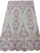 Bead Fashion Damask Fabric - Lilac - Beaded Sequins Geometric Design on Mesh Sold By Yard