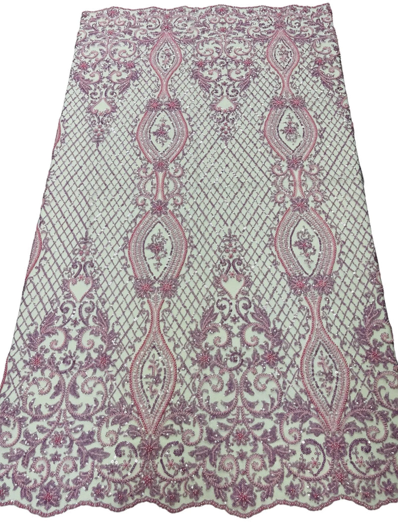 Bead Fashion Damask Fabric - Lilac - Beaded Sequins Geometric Design on Mesh Sold By Yard