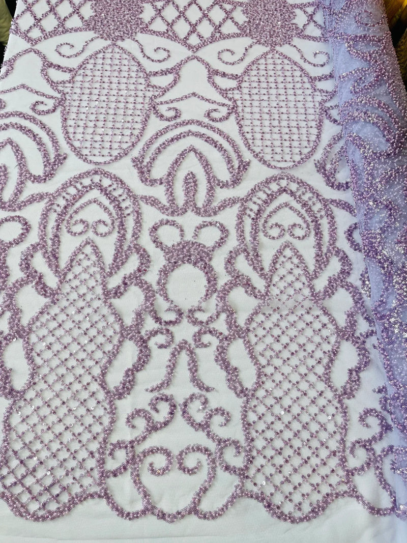 Beaded Fashion Design Fabric - Lilac - Beaded Embroidered Damask Style Fabric on Mesh By Yard