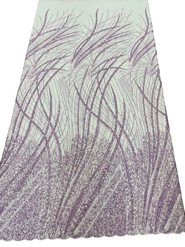 Wavy Grass Design Fabric - Lilac - Beautiful Beaded Fabric Design Embroidered on a Mesh Lace Sold By The Yard