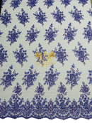 Floral Beaded Fabric - Lilac - Embroidered Beaded Flowers Cluster Design on a Mesh Sold By Yard