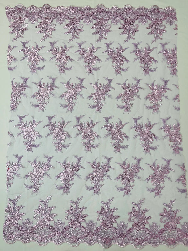 Floral Plant Lace Fabric - Lilac - Flower Plant Design Lace Sequins Fabric Sold By Yard