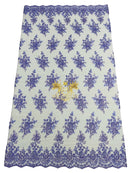 Floral Beaded Fabric - Lilac - Embroidered Beaded Flowers Cluster Design on a Mesh Sold By Yard