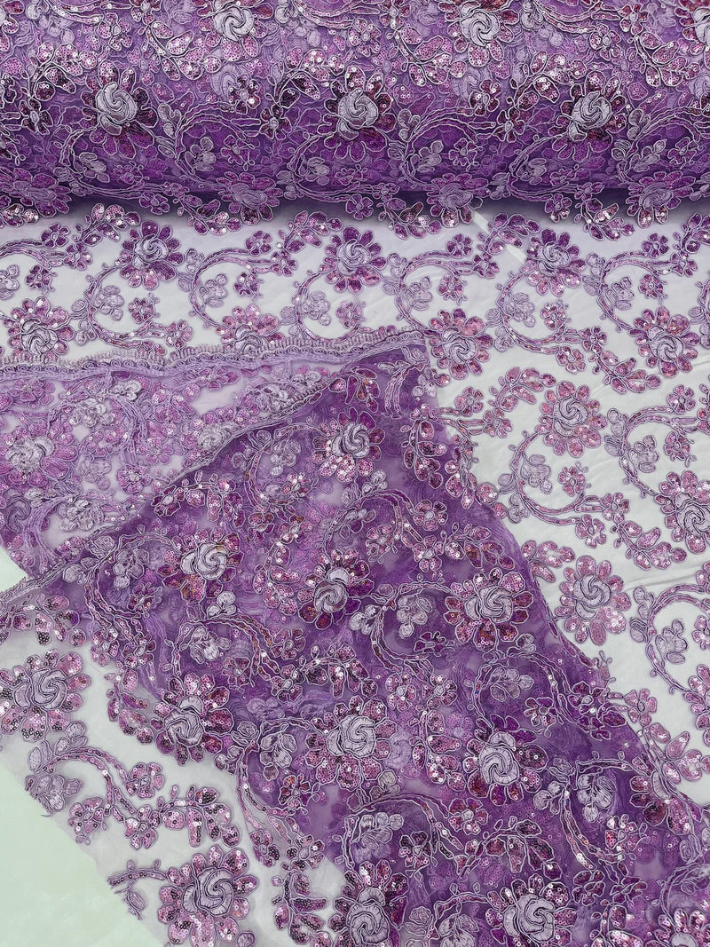 Corded Sequins Flower Lace - Lilac - Corded Floral Lace With Sequins Sold By Yard