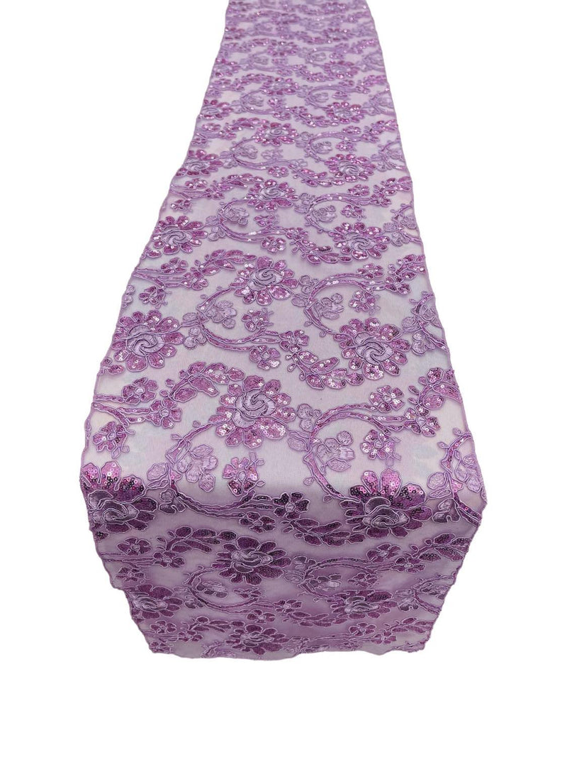 Floral Lace Sequins Table Runner - Lilac - 12" x 90" Floral Lace Table Runner