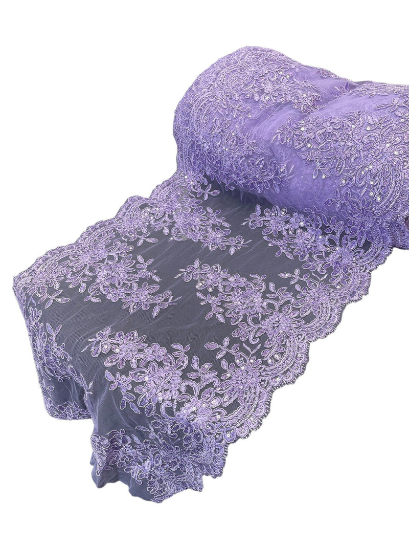 Flower Cluster Lace Sequins Table Runner - Lilac - Floral Lace Table Runner Sold By Yard