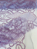 Beaded Fashion Design Fabric - Lilac - Beaded Embroidered Damask Style Fabric on Mesh By Yard