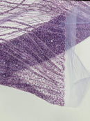 Wavy Grass Design Fabric - Lilac - Beautiful Beaded Fabric Design Embroidered on a Mesh Lace Sold By The Yard