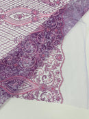 Bead Fashion Damask Fabric - Lilac - Beaded Sequins Geometric Design on Mesh Sold By Yard