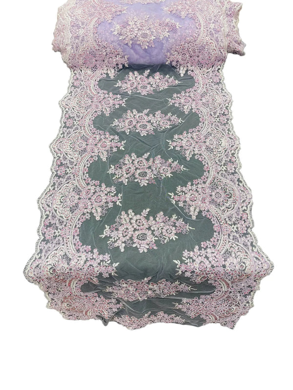 21" Floral Lace Metallic Design Table Runner - Lilac - Floral Runner for Event Decor Sold By The Yard