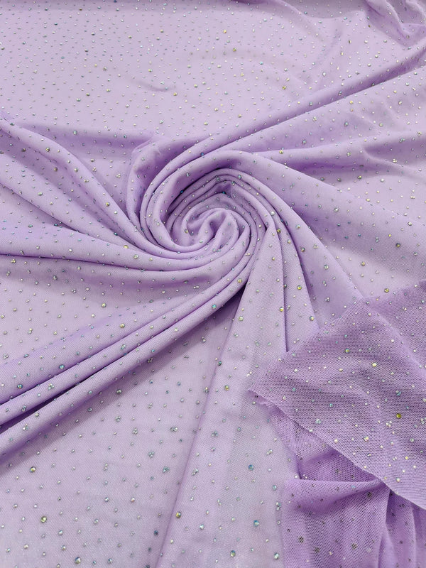 Power Mesh Polyester Rhinestone Fabric - Lilac - 4 Way Stretch Power Mesh Fabric Crystal Stones By Yard