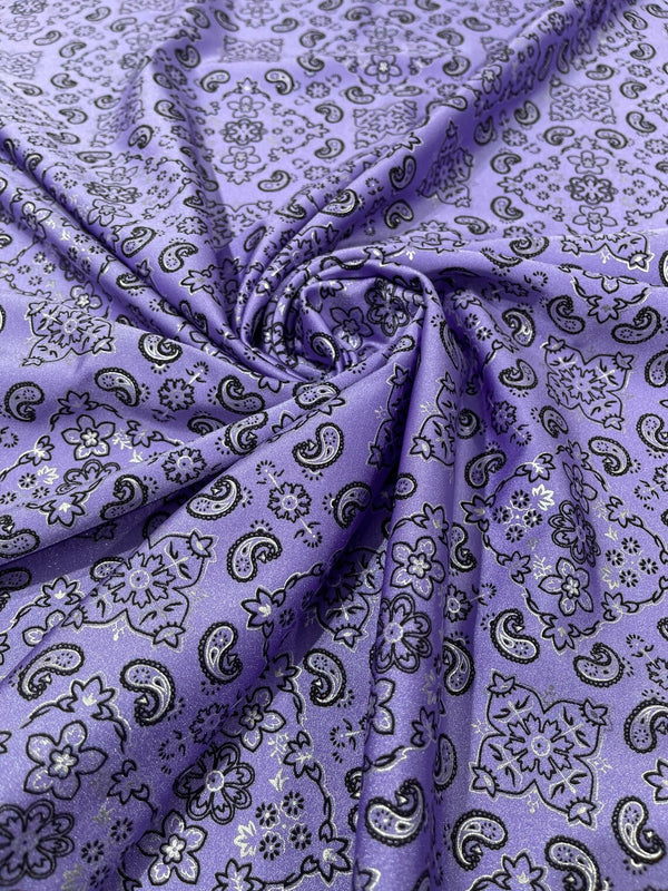 Bandana Print Fabrics - Lilac - Lycra Spandex Bandana Fabric Sold By The Yard
