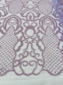 Beaded Fashion Design Fabric - Lilac - Beaded Embroidered Damask Style Fabric on Mesh By Yard