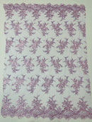 Floral Plant Lace Fabric - Lilac - Flower Plant Design Lace Sequins Fabric Sold By Yard