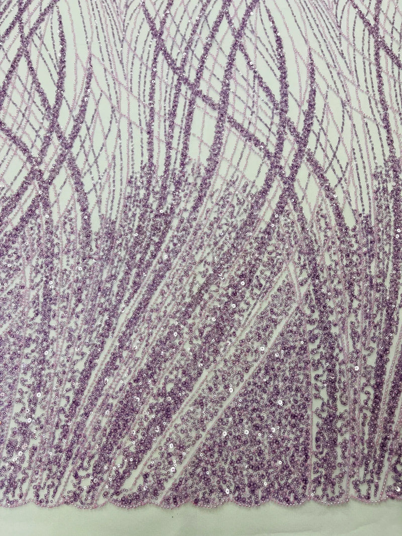 Wavy Grass Design Fabric - Lilac - Beautiful Beaded Fabric Design Embroidered on a Mesh Lace Sold By The Yard