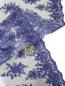 Floral Beaded Fabric - Lilac - Embroidered Beaded Flowers Cluster Design on a Mesh Sold By Yard