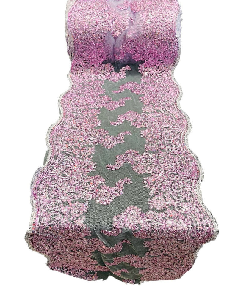 14" Metallic Floral Design Lace Table Runner - Lilac - Event Table Decor Runner Sold By Yard
