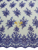 Floral Beaded Fabric - Lilac - Embroidered Beaded Flowers Cluster Design on a Mesh Sold By Yard