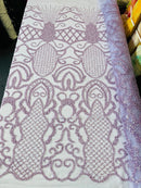 Beaded Fashion Design Fabric - Lilac - Beaded Embroidered Damask Style Fabric on Mesh By Yard