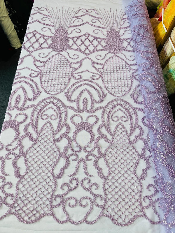 Beaded Fashion Design Fabric - Lilac - Beaded Embroidered Damask Style Fabric on Mesh By Yard
