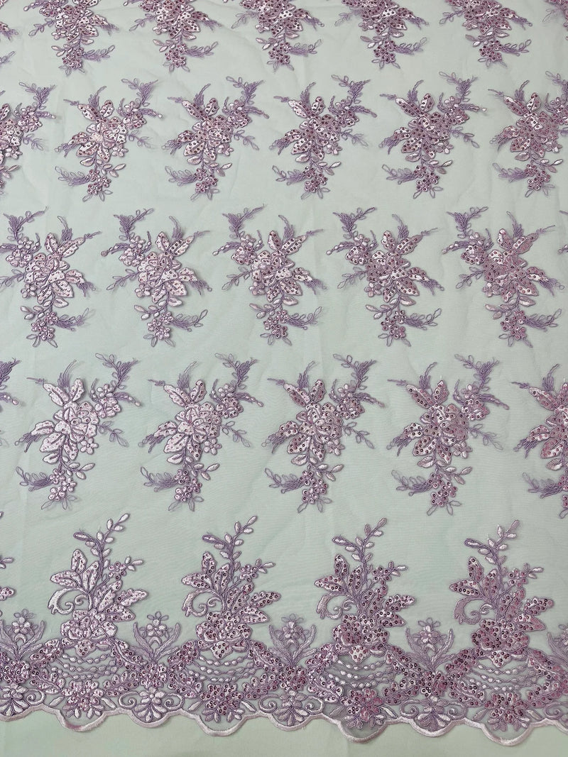 Floral Plant Lace Fabric - Lilac - Flower Plant Design Lace Sequins Fabric Sold By Yard