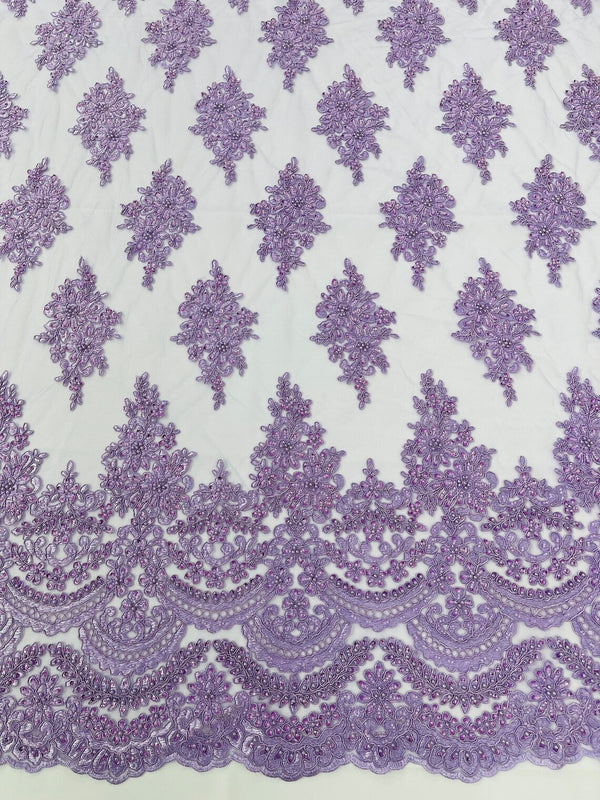 Beaded Flower Cluster Fabric - Lilac - Embroidered Beaded Fancy Border Floral Fabric Sold By Yard