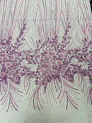 Beaded Floral Line Fabric - Lilac - Beaded Embroidered Lines and Flowers on Mesh By Yard