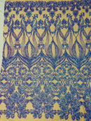 Damask Heart Design - Iridescent Lilac - Damask with Heart Design Sequins on Mesh By Yard