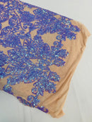 Damask Heart Design - Iridescent Lilac - Damask with Heart Design Sequins on Mesh By Yard