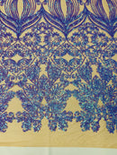 Damask Heart Design - Iridescent Lilac - Damask with Heart Design Sequins on Mesh By Yard