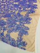 Damask Heart Design - Iridescent Lilac - Damask with Heart Design Sequins on Mesh By Yard