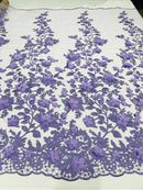 3D Pearl Floral Fabric - Floral Design Embroidered on Mesh Lace Fabric - 25 Yard Roll