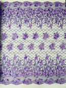 3D Floral Pearl Fabric - Lilac - 3D Triangle Flower Design on Mesh By Yard
