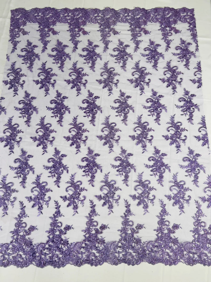 Lace Flower Cluster Fabric - Lilac - Embroidered Flower With Sequins on a Mesh Lace Fabric By Yard