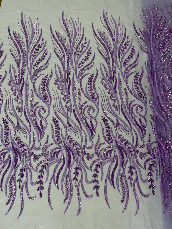 Sea Plant Design Fabric - Lilac - Beaded Embroidered Sea Plant Design Fabric by Yard