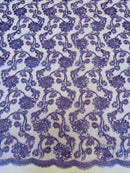 Embroidered Flower Lace - Lilac - Corded Floral Lace With Sequins Sold By Yard