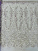 Heart & Feather Pattern Fabric - Lilac - Embroidered Elegant Design with Beads Mesh Fabric Sold By Yard