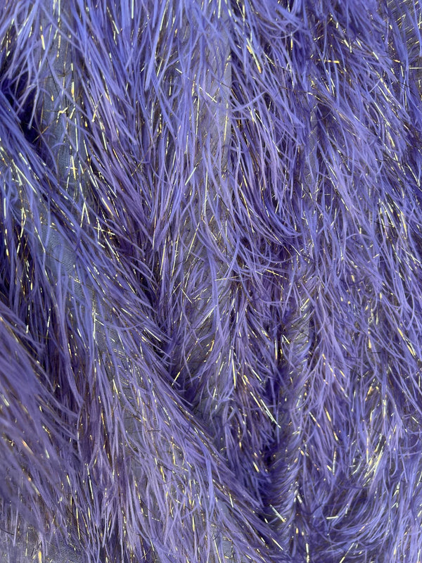 Metallic Eyelash Fabric - Lilac - Feather/Eyelash/Fringe Design on Mesh By Yard