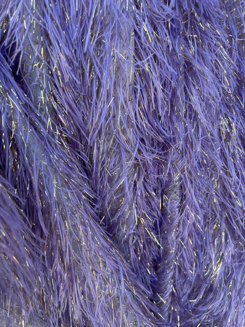 Metallic Eyelash Fabric - Lilac - Feather/Eyelash/Fringe Design on Mesh By Yard