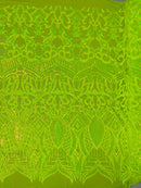 Lime Green Iridescent - 4 Way Stretch Embroidered Royalty Sequins Design Fabric By Yard