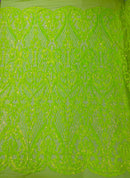 Heart Damask Sequins - Lime Green - 4 Way Stretch Elegant Shiny Net Sequins Fabric By Yard