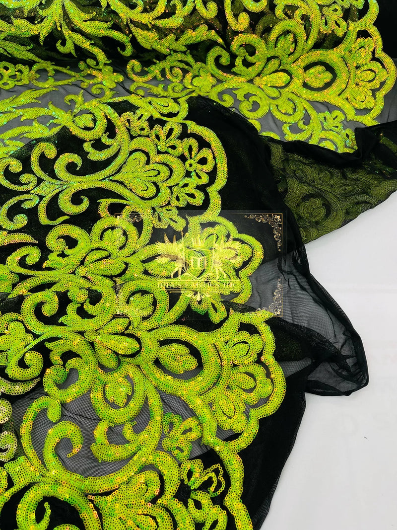 Damask Decor Sequins - Lime Green on Black Mesh - 4 Way Stretch Design High Quality Fabric